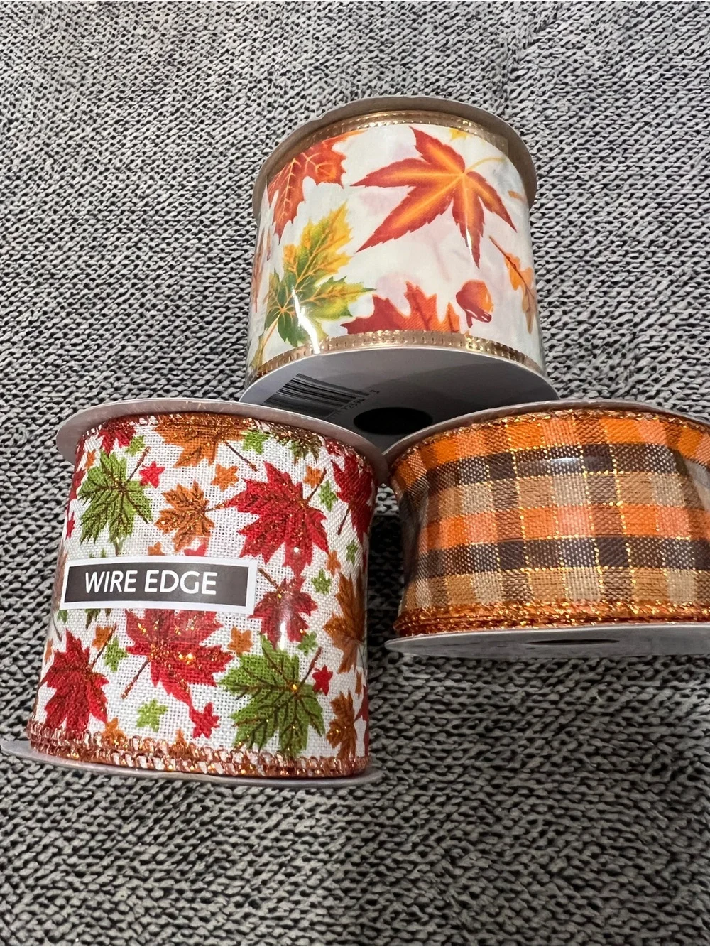 Fall Maple Leaf & Plaid Wired Ribbon Trio - Orange, Red, Green